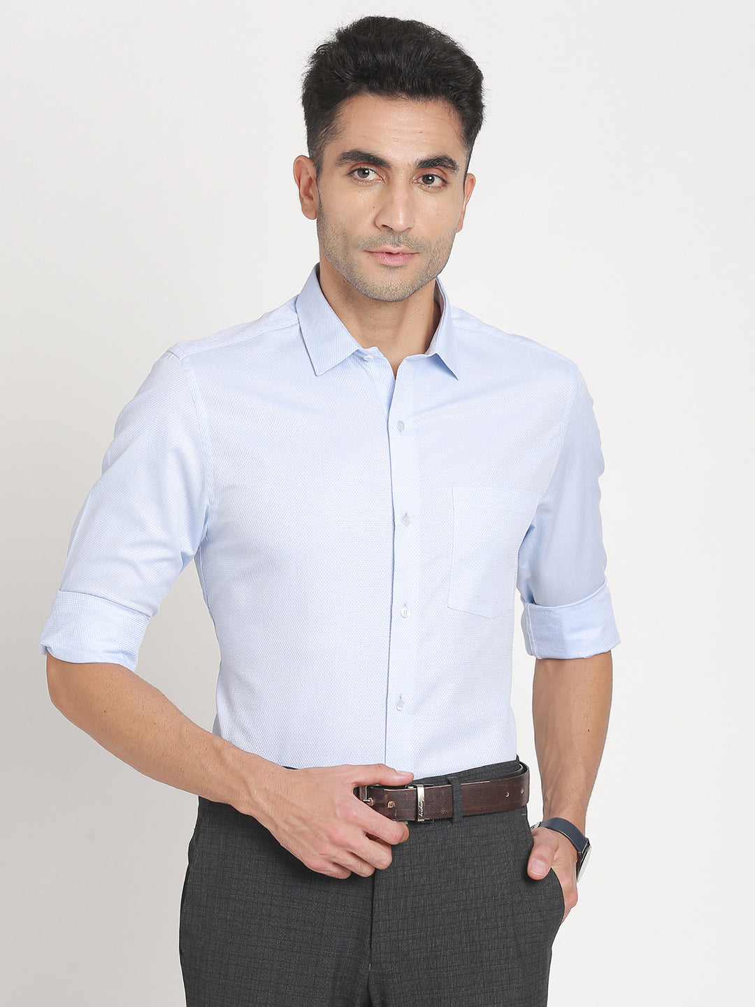 Giza Cotton Light Blue Dobby Slim Fit Full Sleeve Formal Shirt