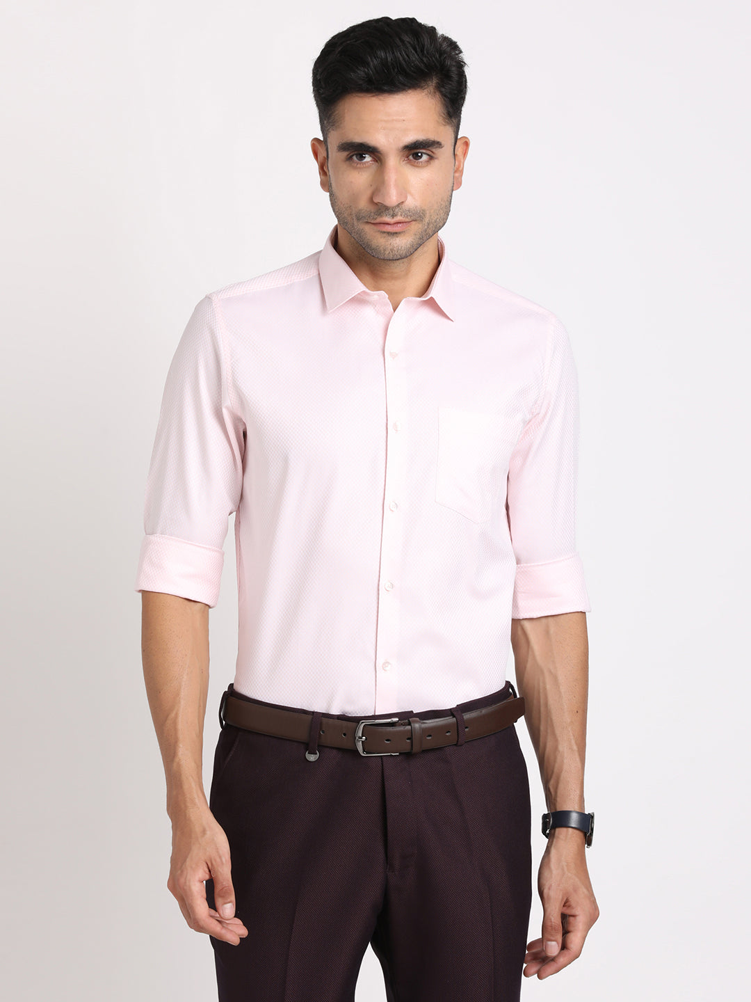 100% Cotton Light Pink Dobby Slim Fit Full Sleeve Formal Shirt