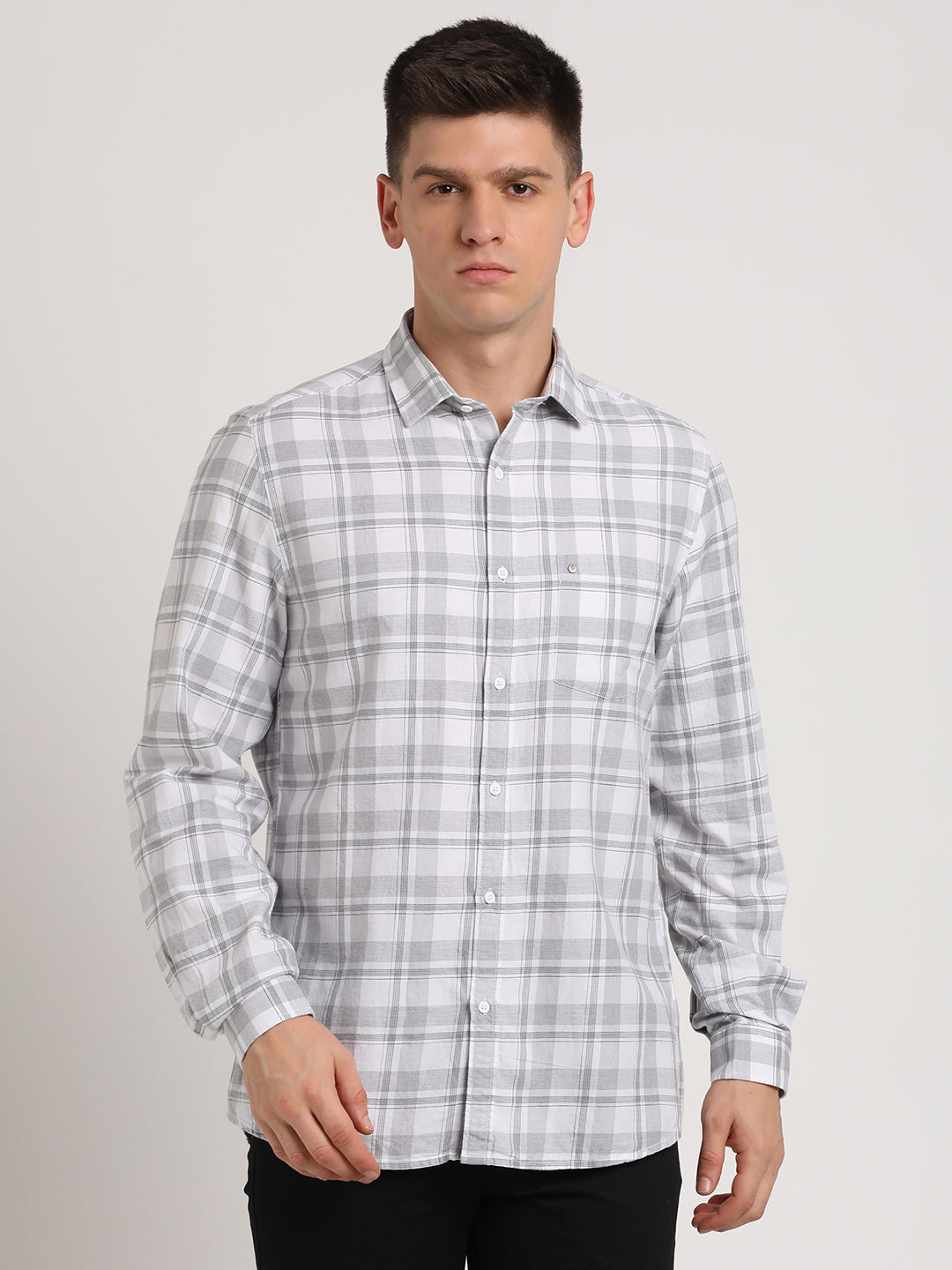 Cotton Melange Grey Checkered Slim Fit Full Sleeve Casual Shirt