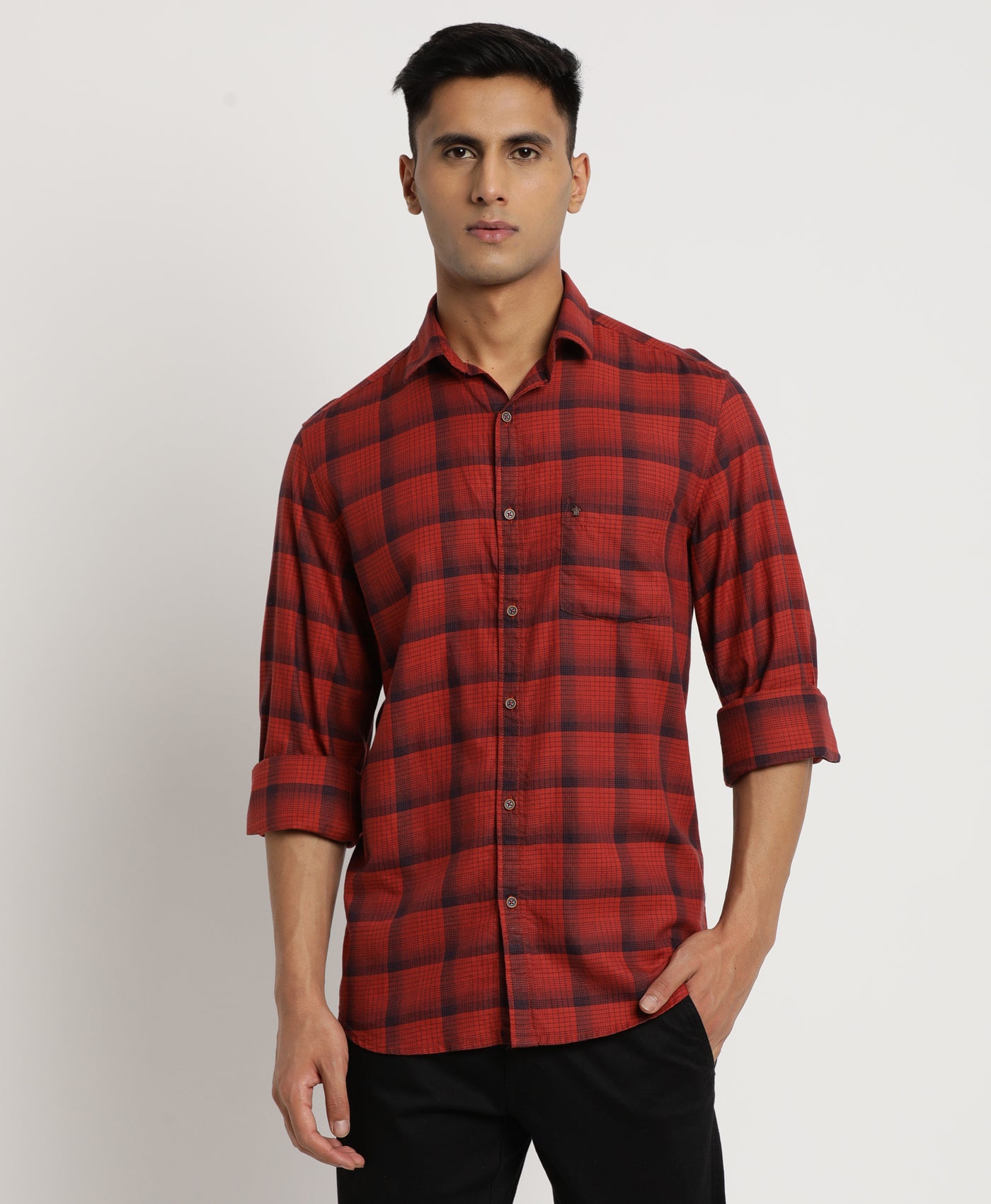 100% Cotton Red Checkered Slim Fit Full Sleeve Casual Shirt