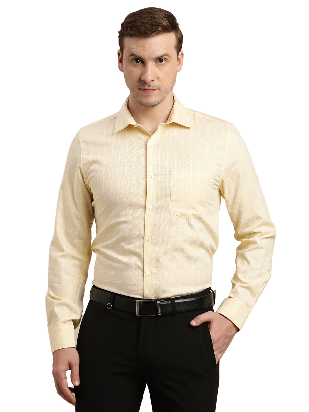 100% Cotton Cream Checkered Slim Fit Full Sleeve Formal Shirt