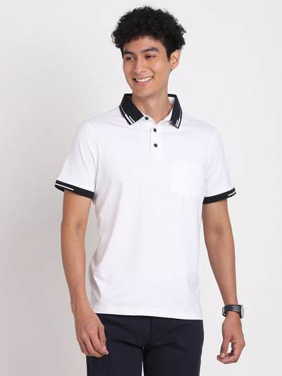 Cotton Stretch White Plain Polo Neck Half Sleeve Casual T-Shirt
