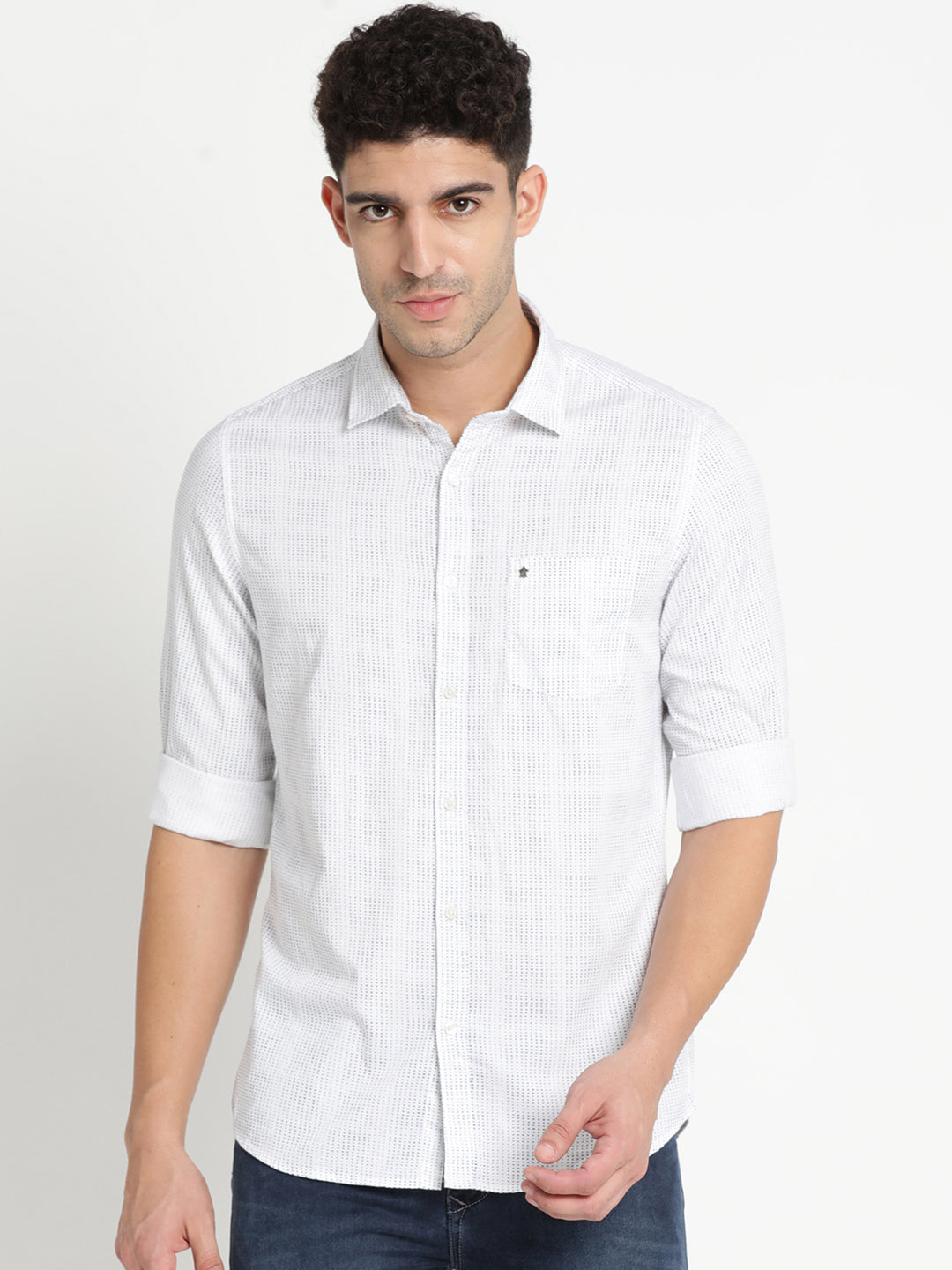 100% Cotton White Printed Slim Fit Full Sleeve Casual Shirt