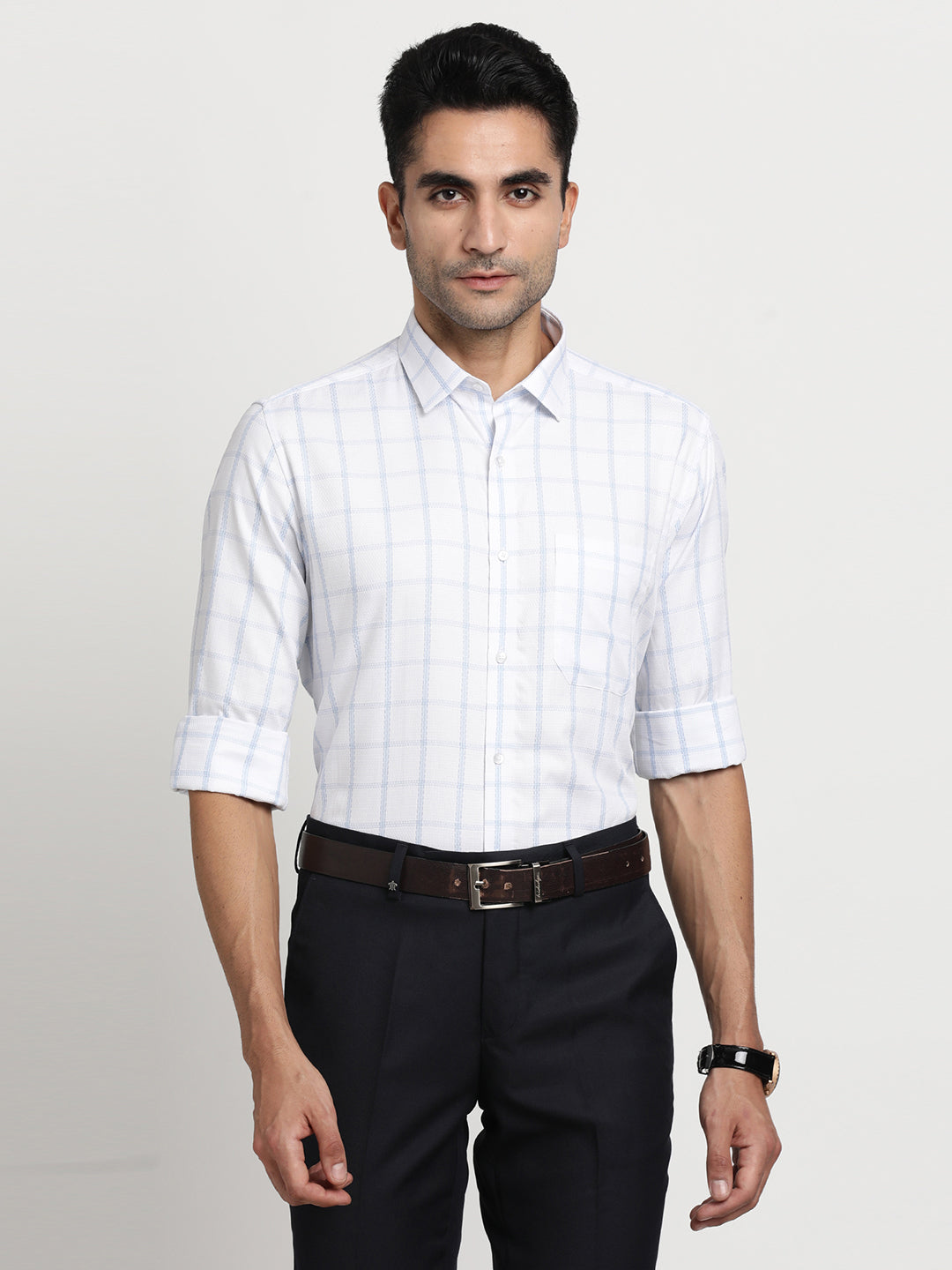 100% Cotton White Checkered Regular Fit Full Sleeve Formal Shirt