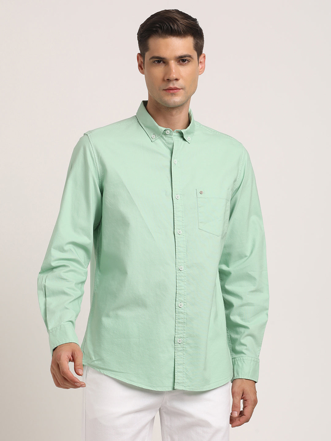 100% Cotton Light Green Plain Slim Fit Full Sleeve Casual Shirt