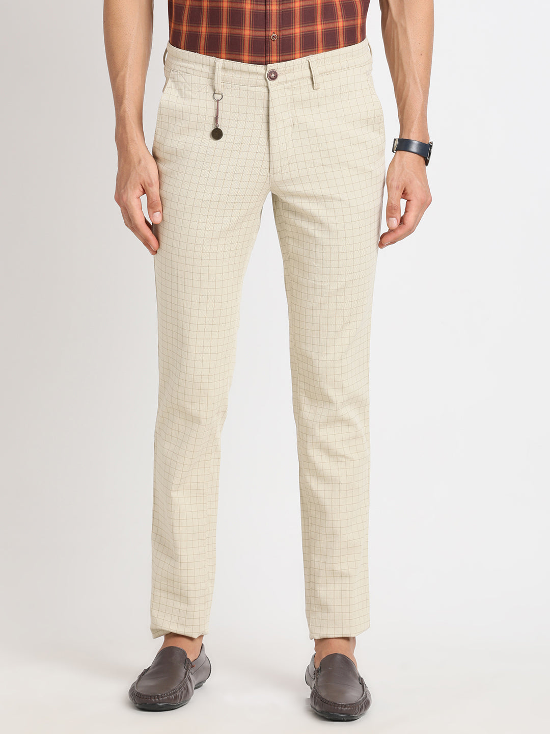 Cotton Stretch Beige Checkered Narrow Fit Flat Front Casual Trouser