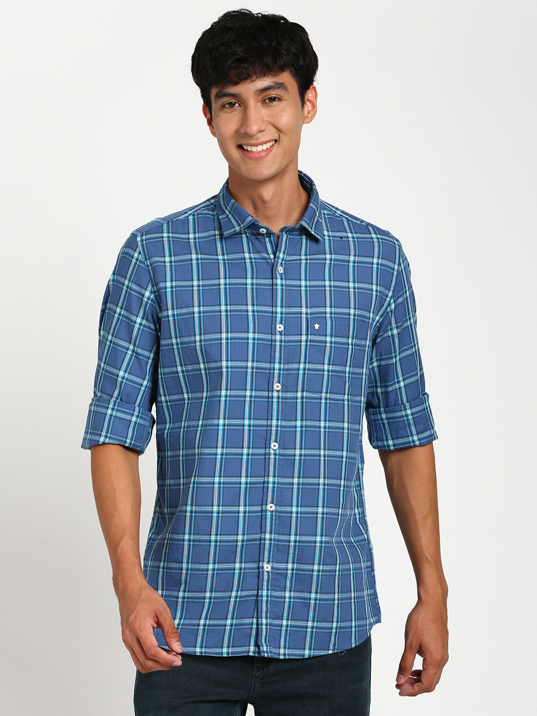 100% Cotton Blue Checkered Slim Fit Full Sleeve Casual Shirt