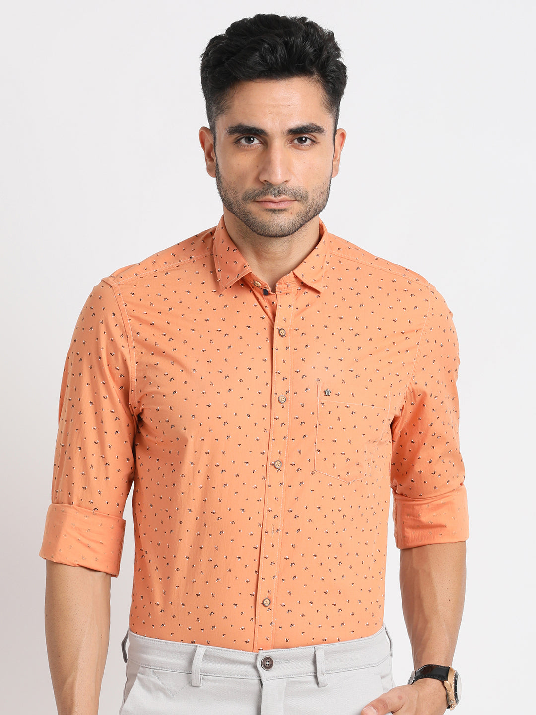 100% Cotton Orange Printed Slim Fit Full Sleeve Casual Shirt