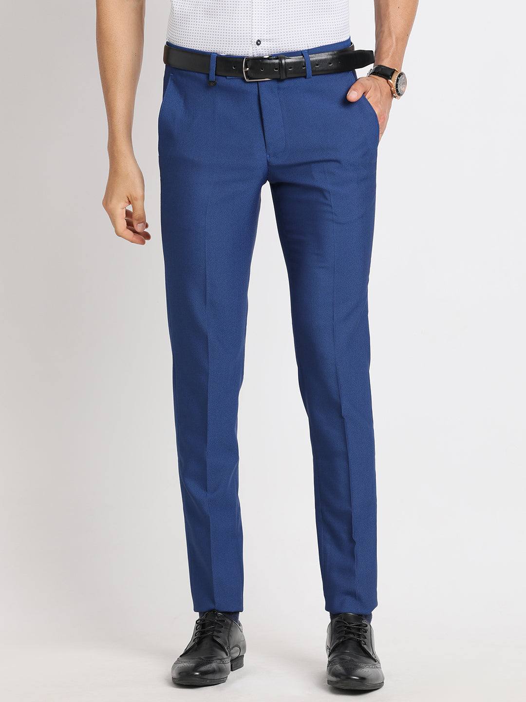 Poly Viscose Stretch Blue Dobby Ultra Slim Fit Flat Front Ceremonial Trouser