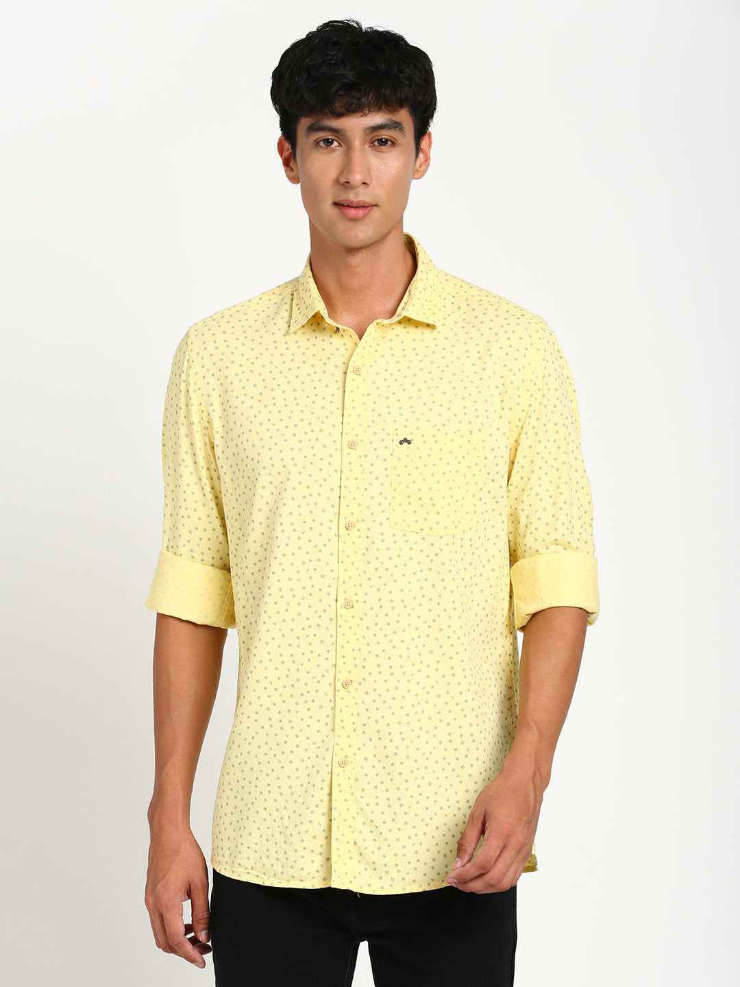 Cotton Tencel Yellow Printed Slim Fit Full Sleeve Casual Shirt