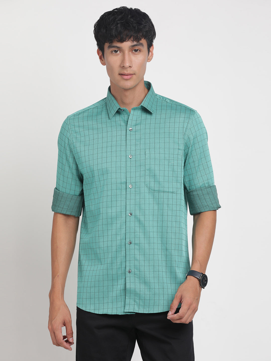 100% Cotton Green Checkered Slim Fit Full Sleeve Formal Shirt