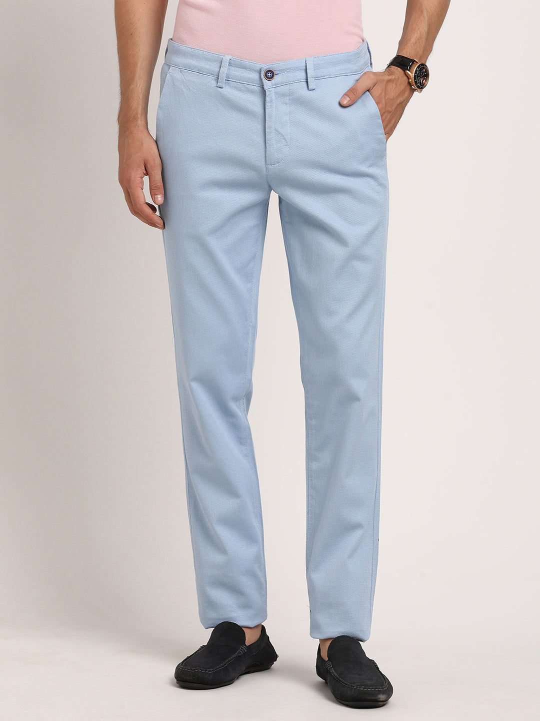 Cotton Stretch Light Blue Dobby Ultra Slim Fit Flat Front Casual Trouser