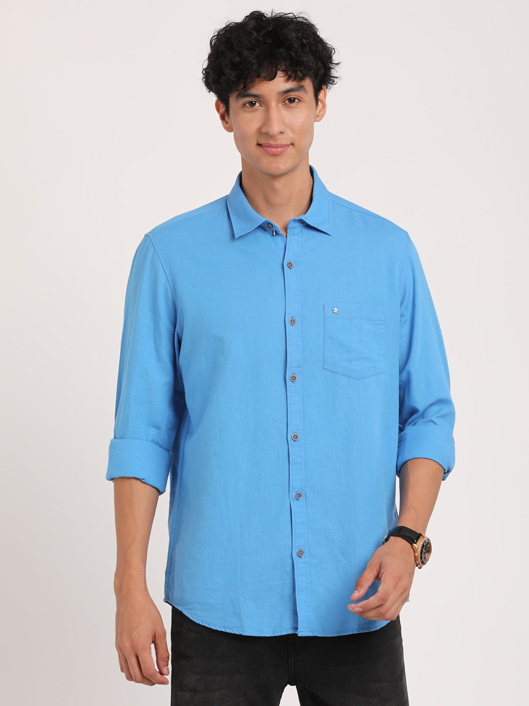 Cotton Linen Blue Plain Slim Fit Full Sleeve Casual Shirt