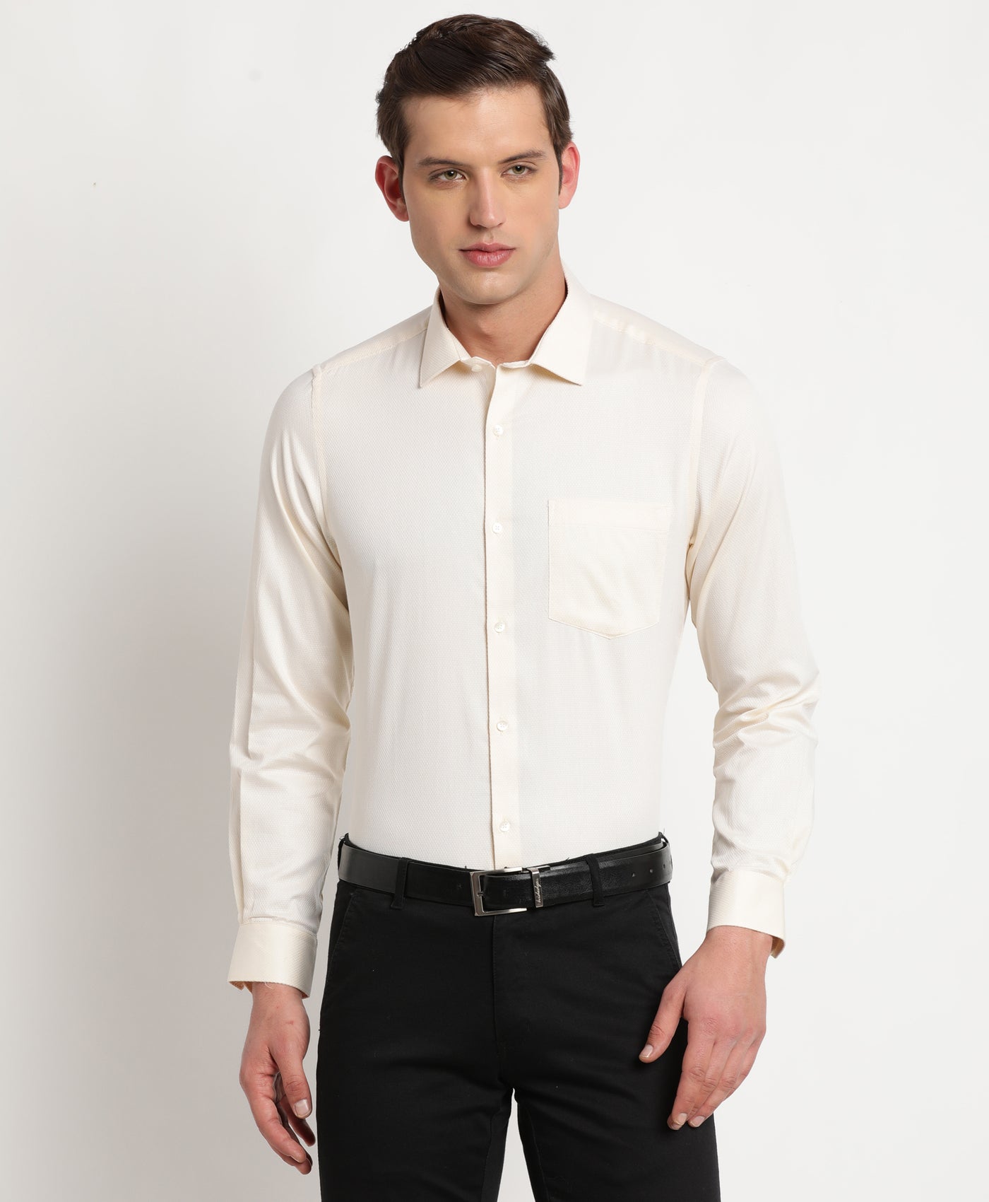 100% Cotton Cream Dobby Slim Fit Full Sleeve Formal Shirt