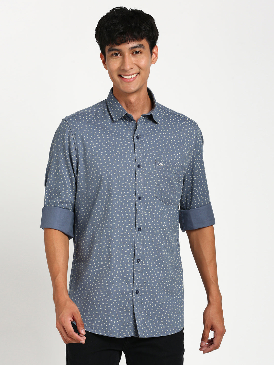 Cotton Tencel Blue Printed Slim Fit Full Sleeve Casual Shirt