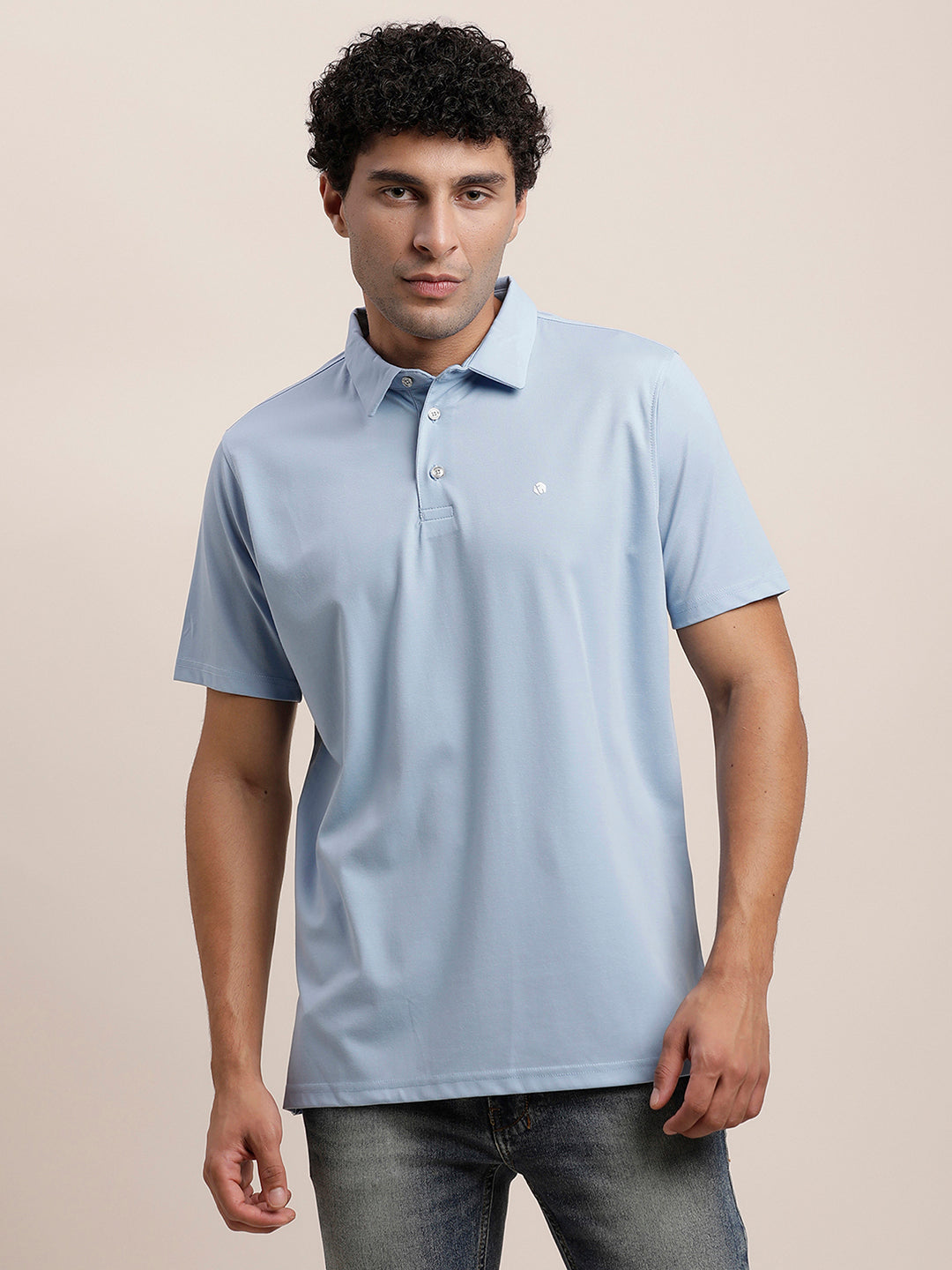 Cotton Plain Light Blue Polo Neck T-Shirt