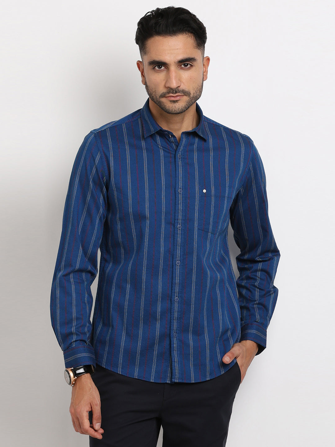 100% Cotton Blue Striped Slim Fit Full Sleeve Casual Shirt