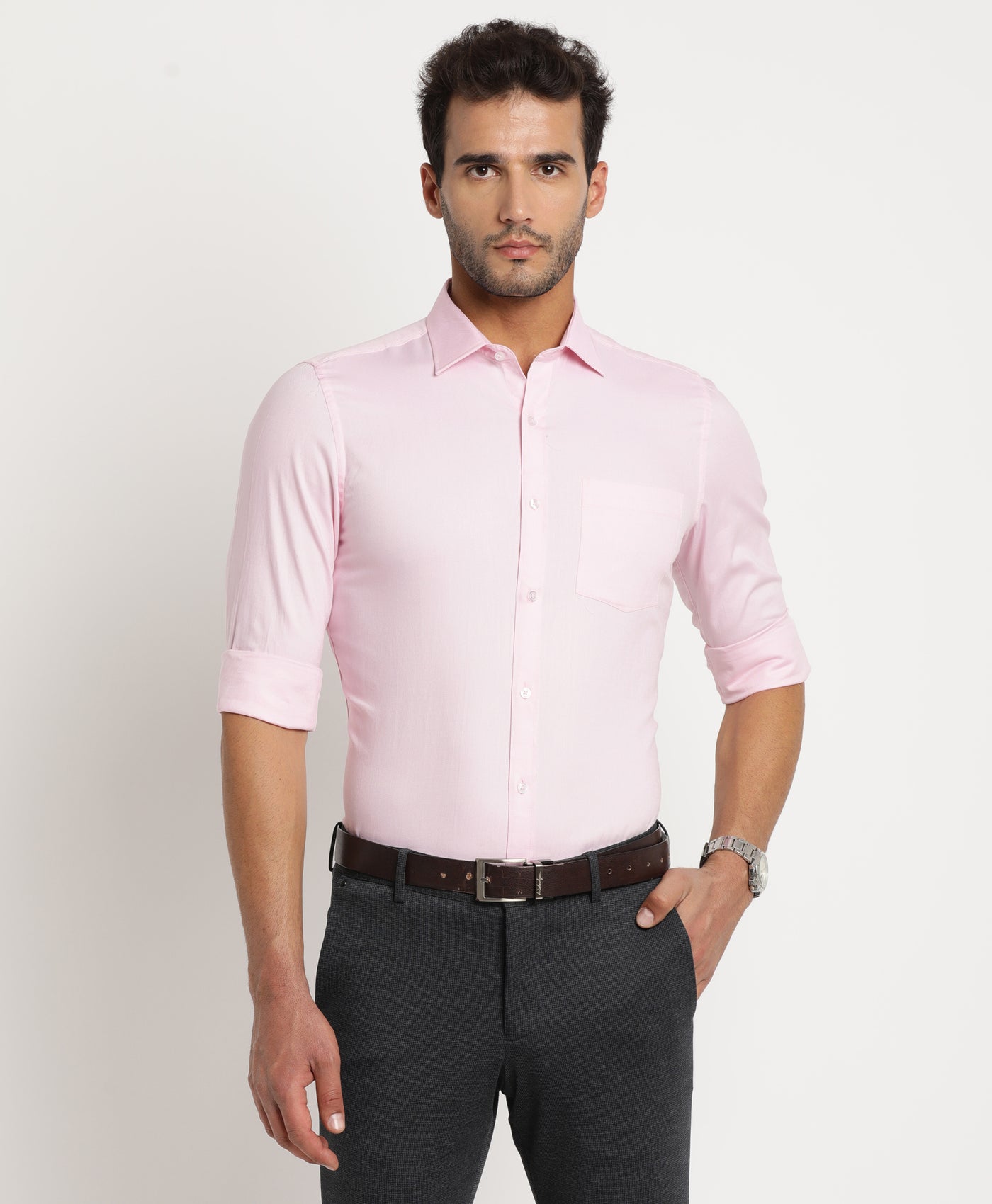 100% Cotton Pink Dobby Slim Fit Full Sleeve Formal Shirt