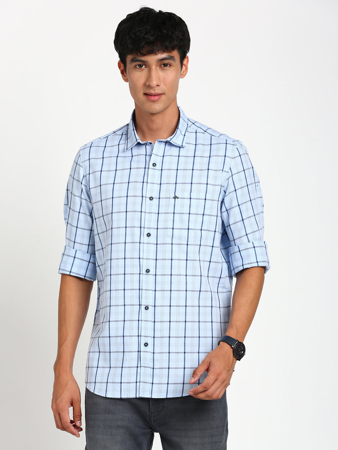 100% Cotton Sky Blue Checkered Slim Fit Full Sleeve Casual Shirt