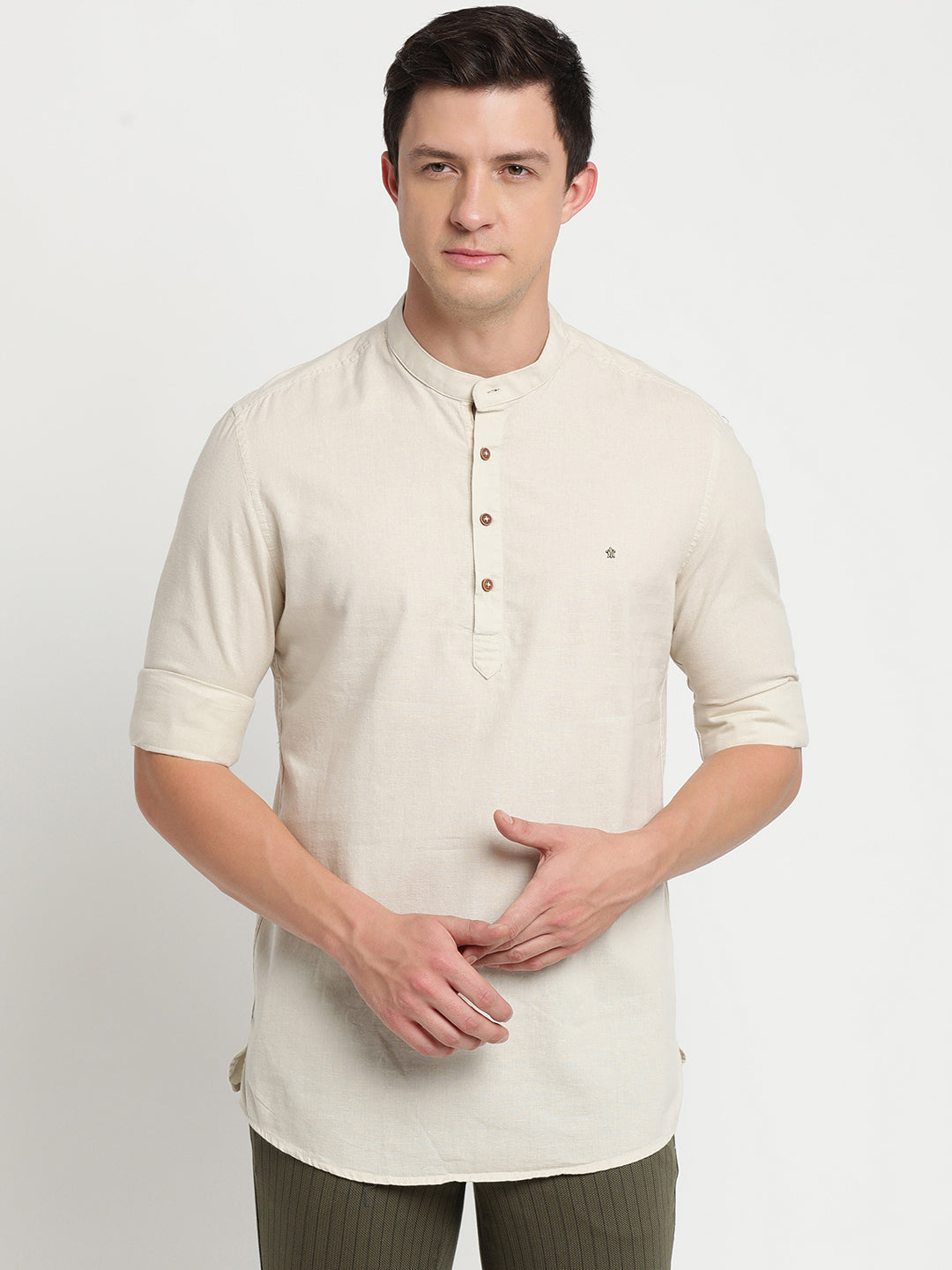 Cotton Linen Off White Plain Slim Fit Full Sleeve Casual Shirt