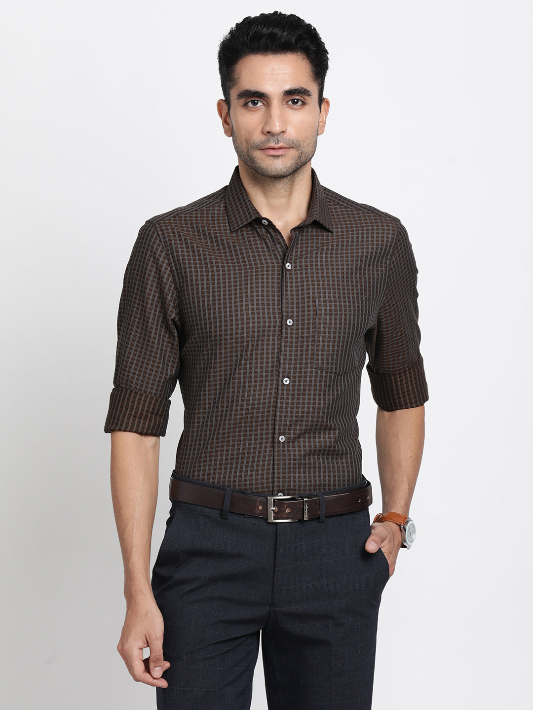 Giza Cotton Brown Checkered Slim Fit Full Sleeve Formal Shirt