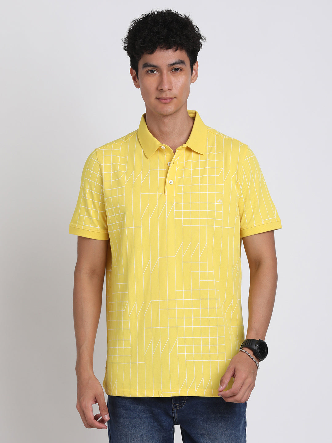 100% Cotton Yellow Printed Polo Neck Half Sleeve Casual T-Shirt