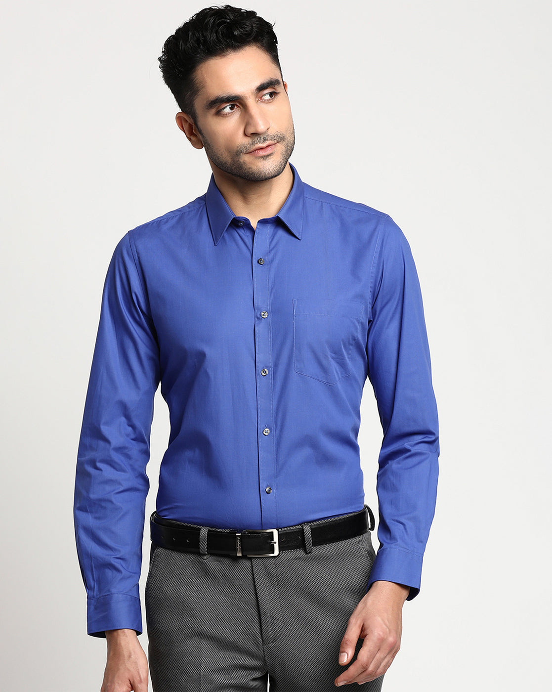 Giza Cotton Blue Plain Slim Fit Full Sleeve Formal Shirt