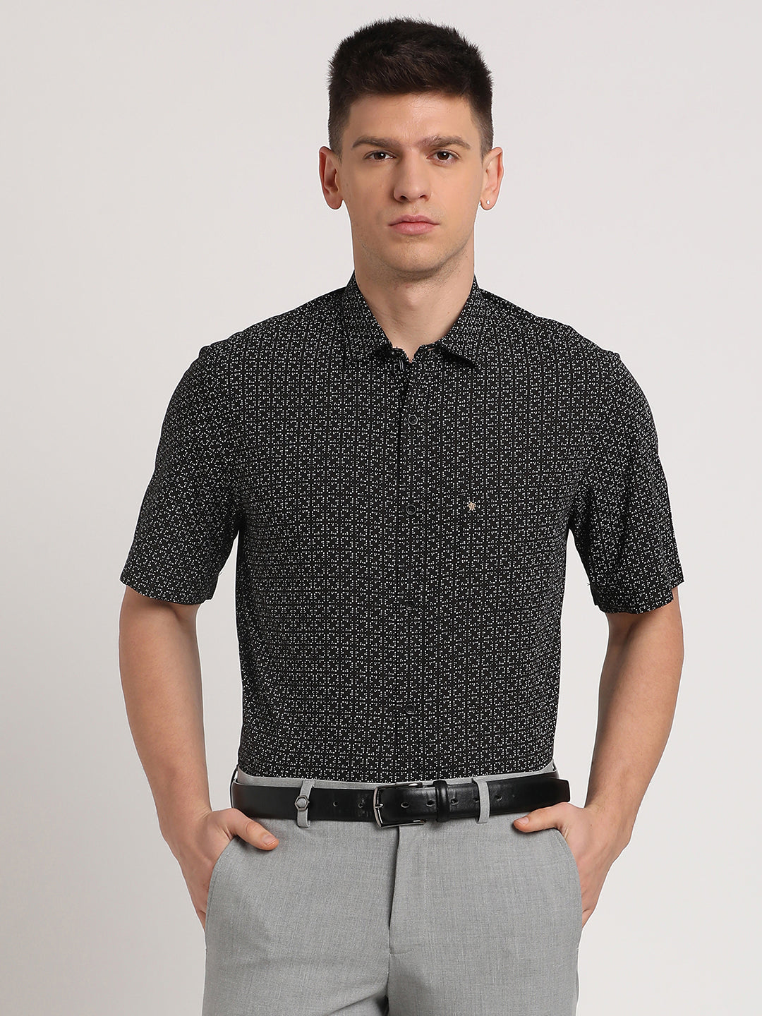 100% Cotton Black Printed Slim Fit Half Sleeve Casual Shirt