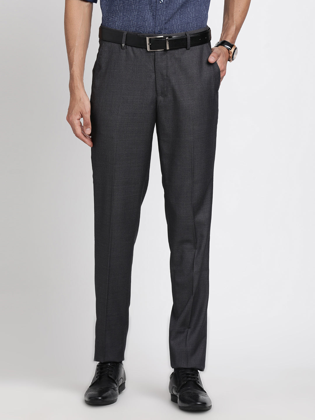 Terry Rayon Charcoal Plain Slim Fit Flat Front Formal Trouser