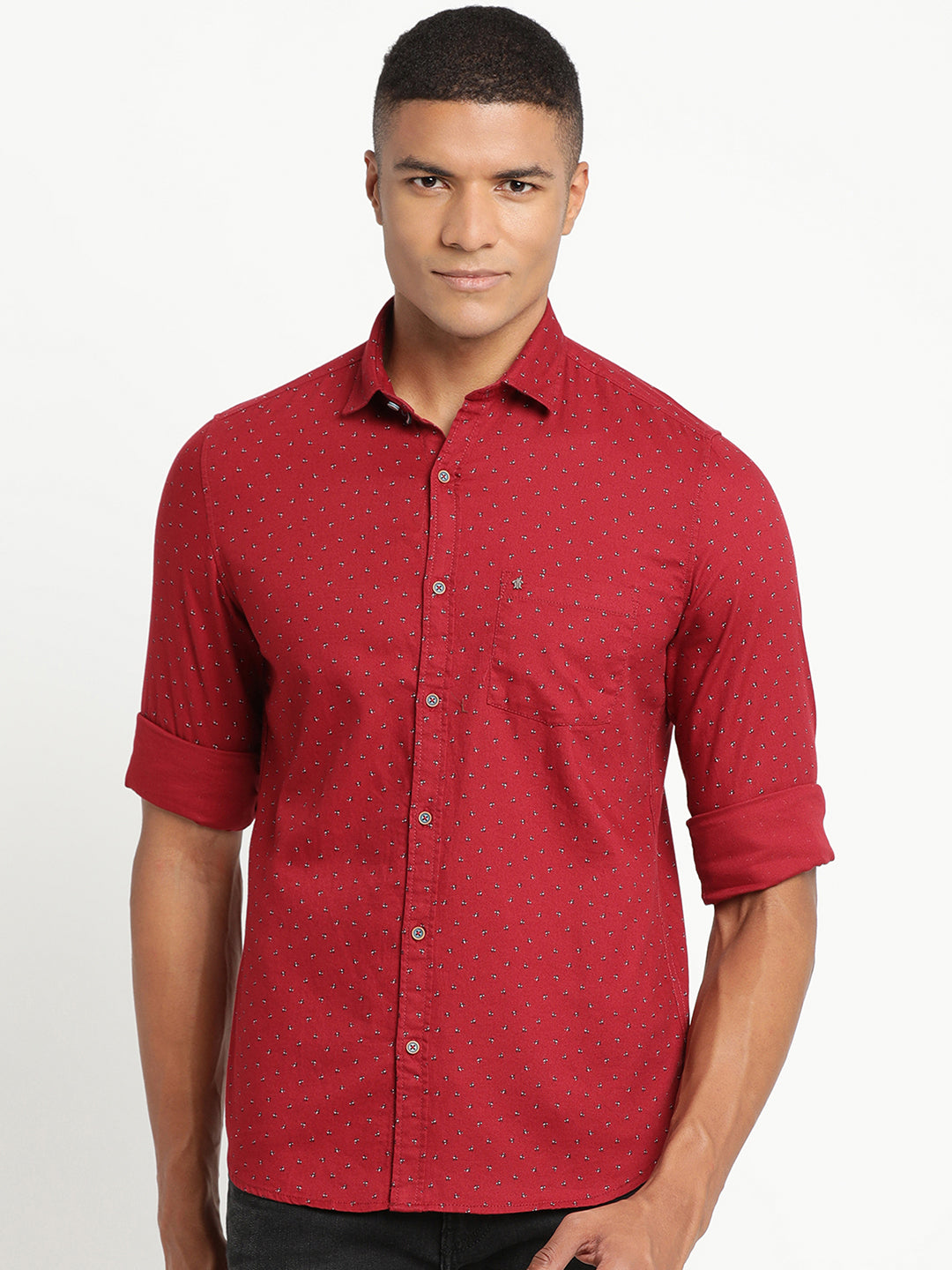 100% Cotton Maroon Printed Slim Fit Full Sleeve Casual Shirt