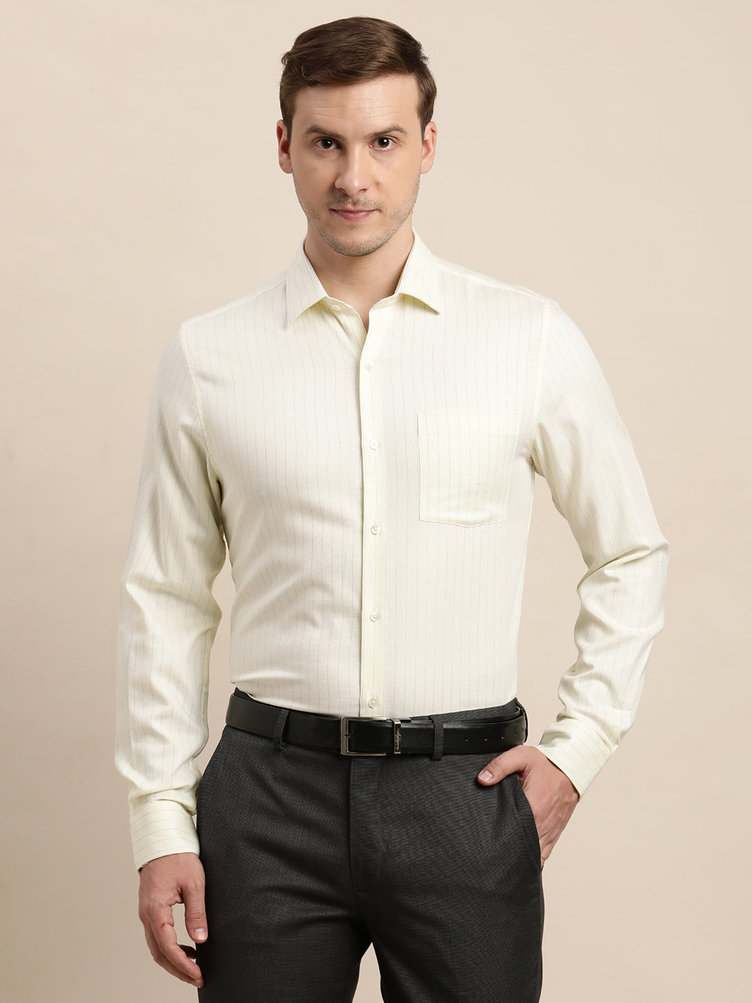 100% Cotton Cream Striped Slim Fit Full Sleeve Formal Shirt