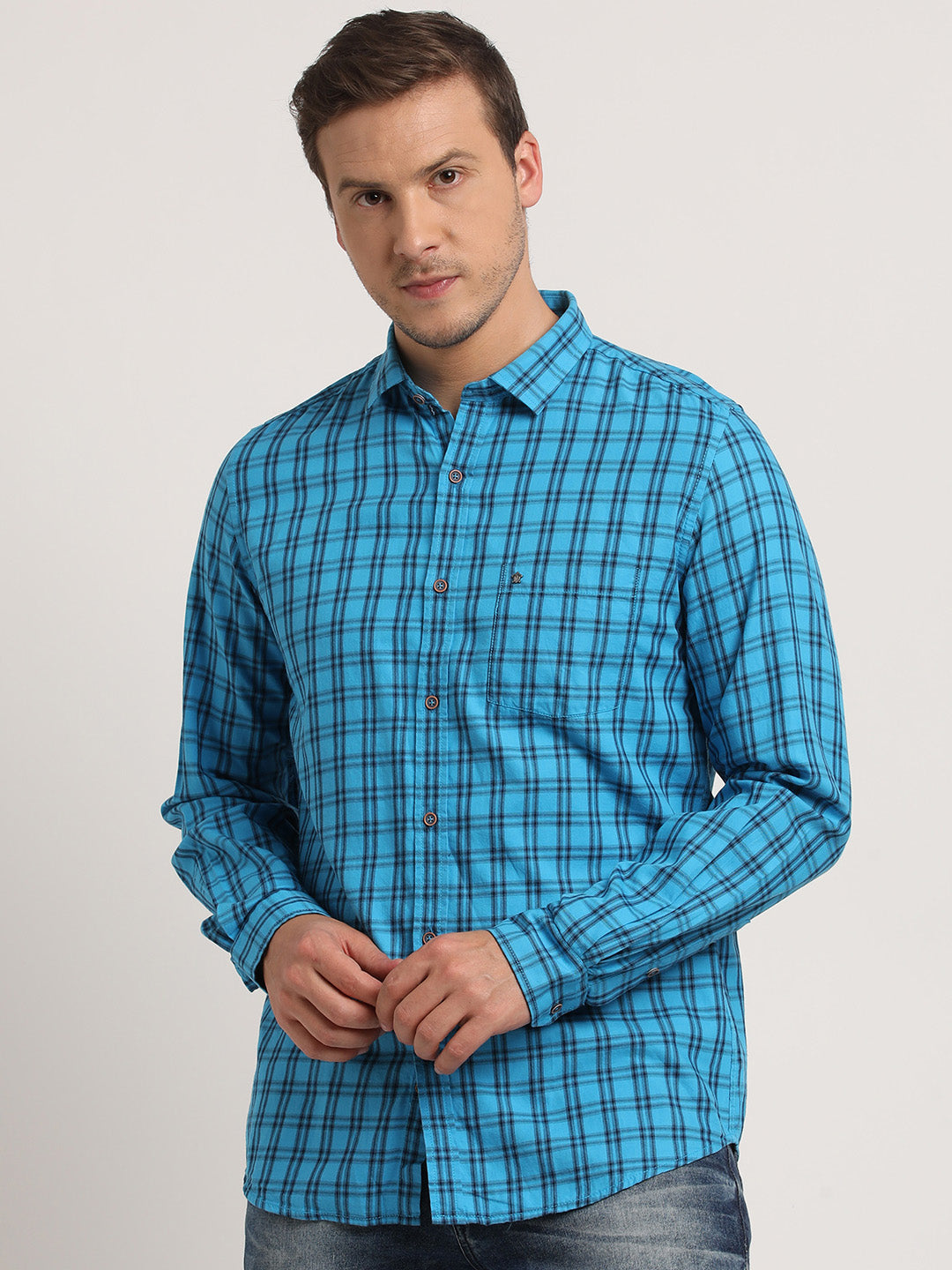 100% Cotton Sky Blue Checkered Slim Fit Full Sleeve Casual Shirt