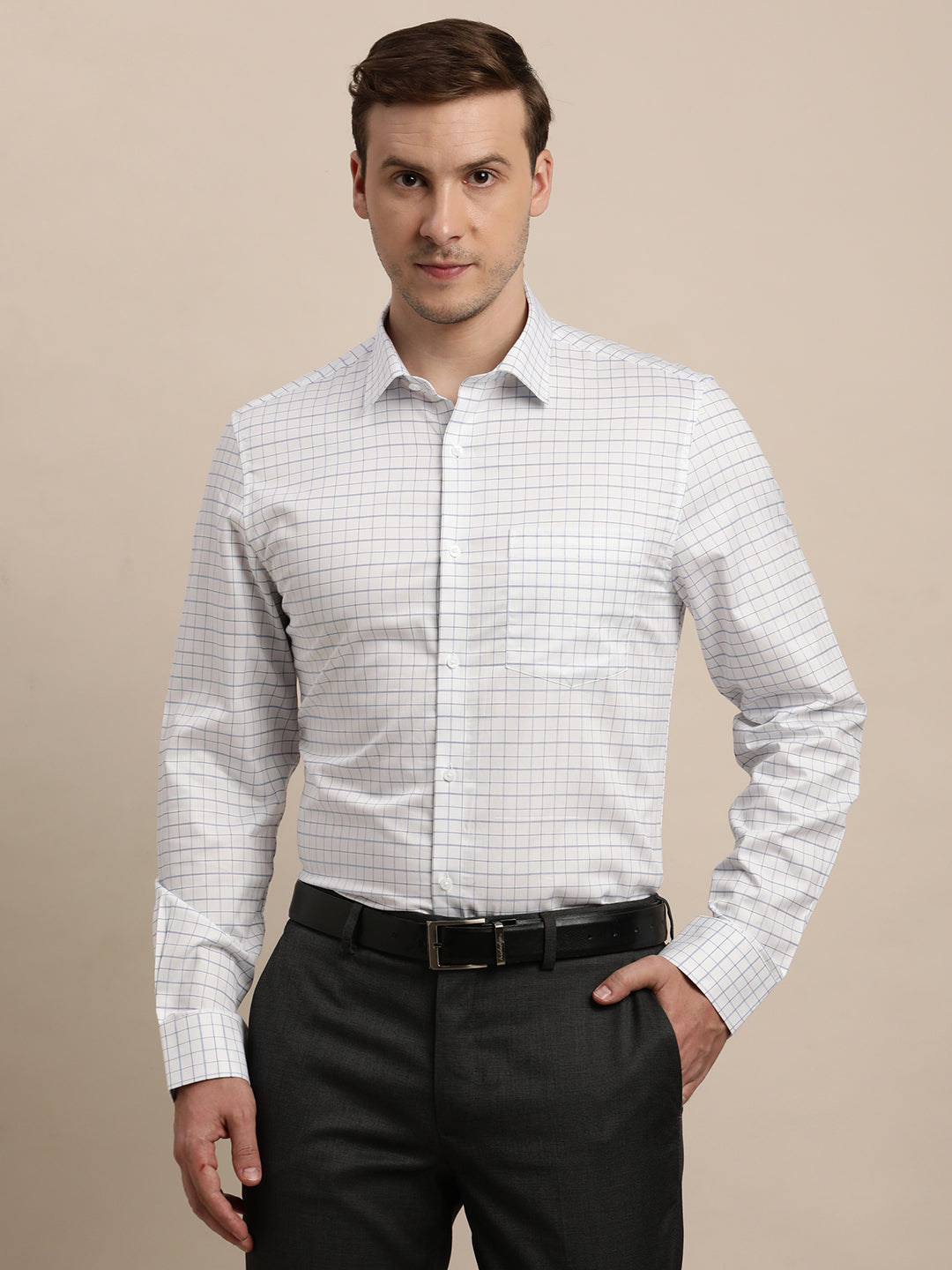 100% Cotton White Checkered Slim Fit Full Sleeve Formal Shirt