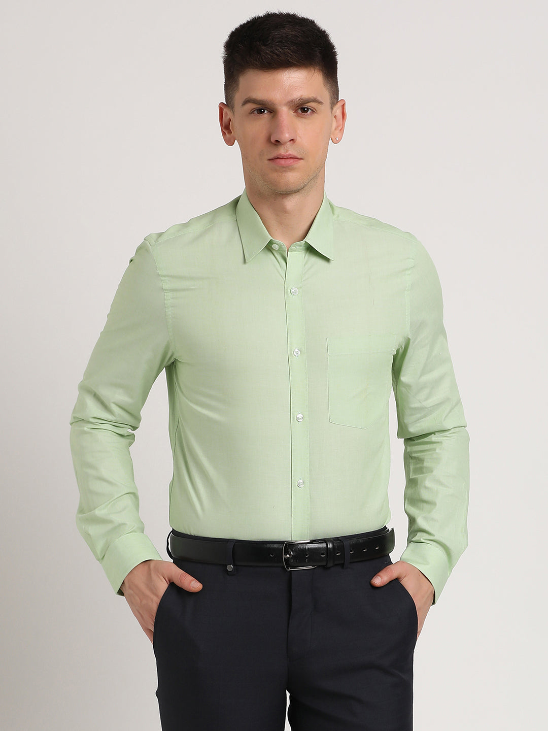 100% Cotton Green Plain Slim Fit Full Sleeve Formal Shirt