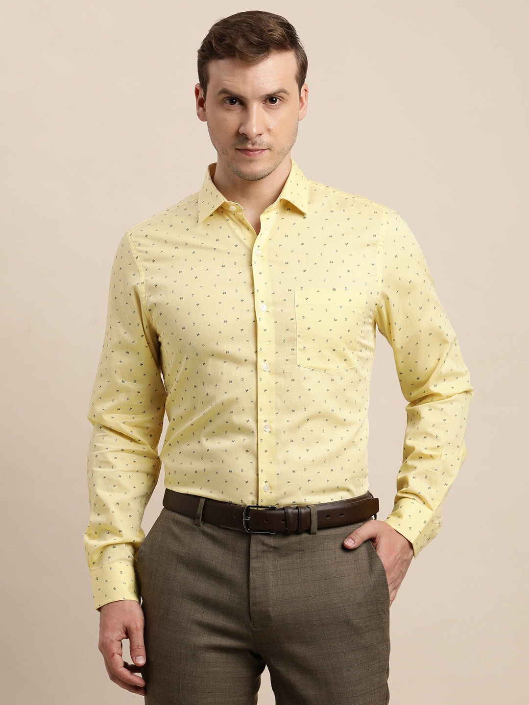 100% Cotton Yellow Printed Slim Fit Full Sleeve Formal Shirt