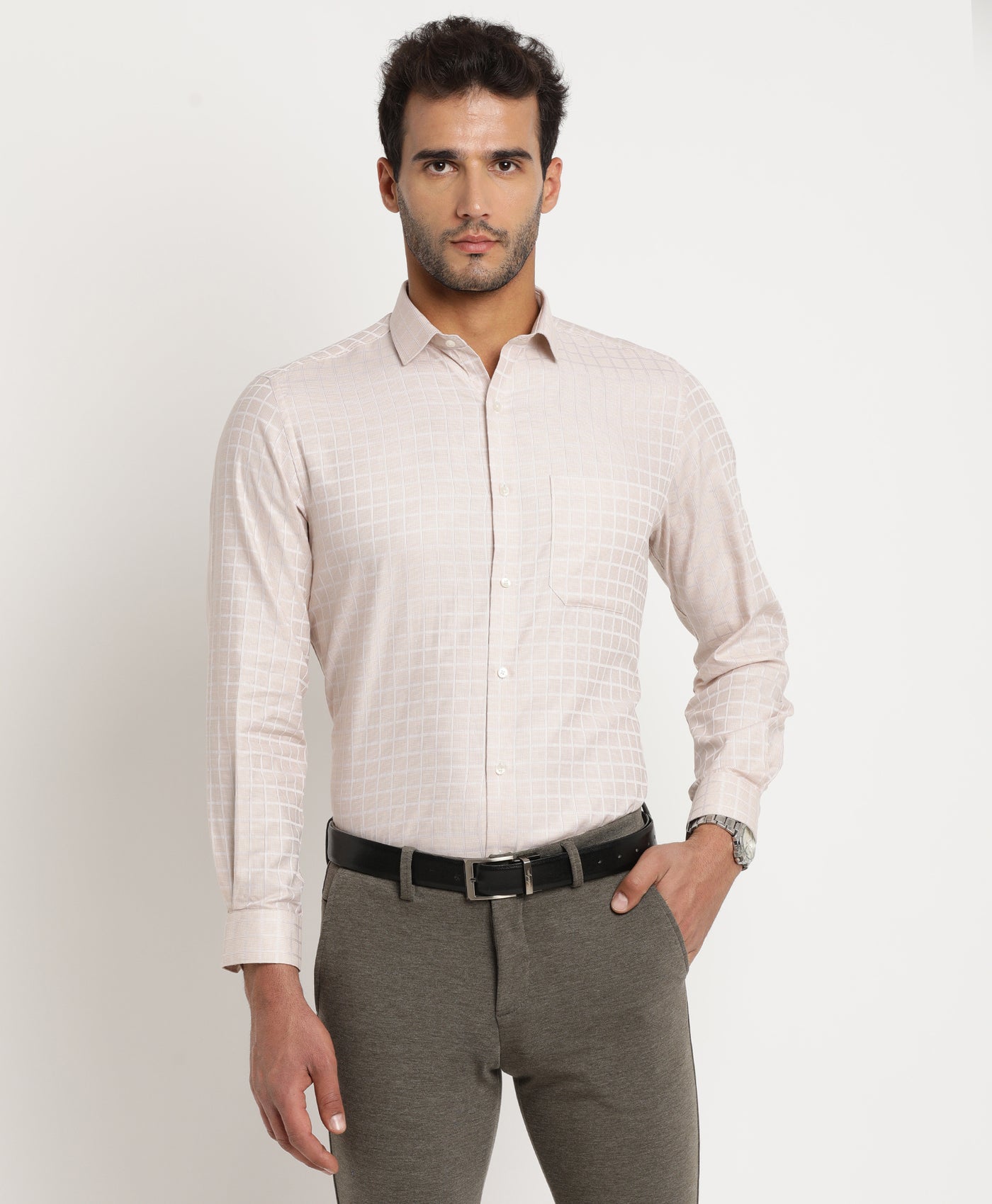 Giza Cotton Beige Checkered Regular Fit Full Sleeve Formal Shirt