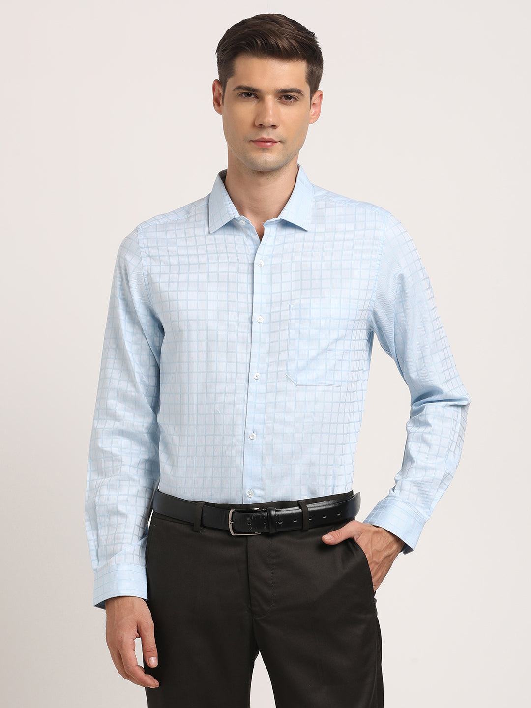 Giza Cotton Light Blue Checkered Slim Fit Full Sleeve Formal Shirt