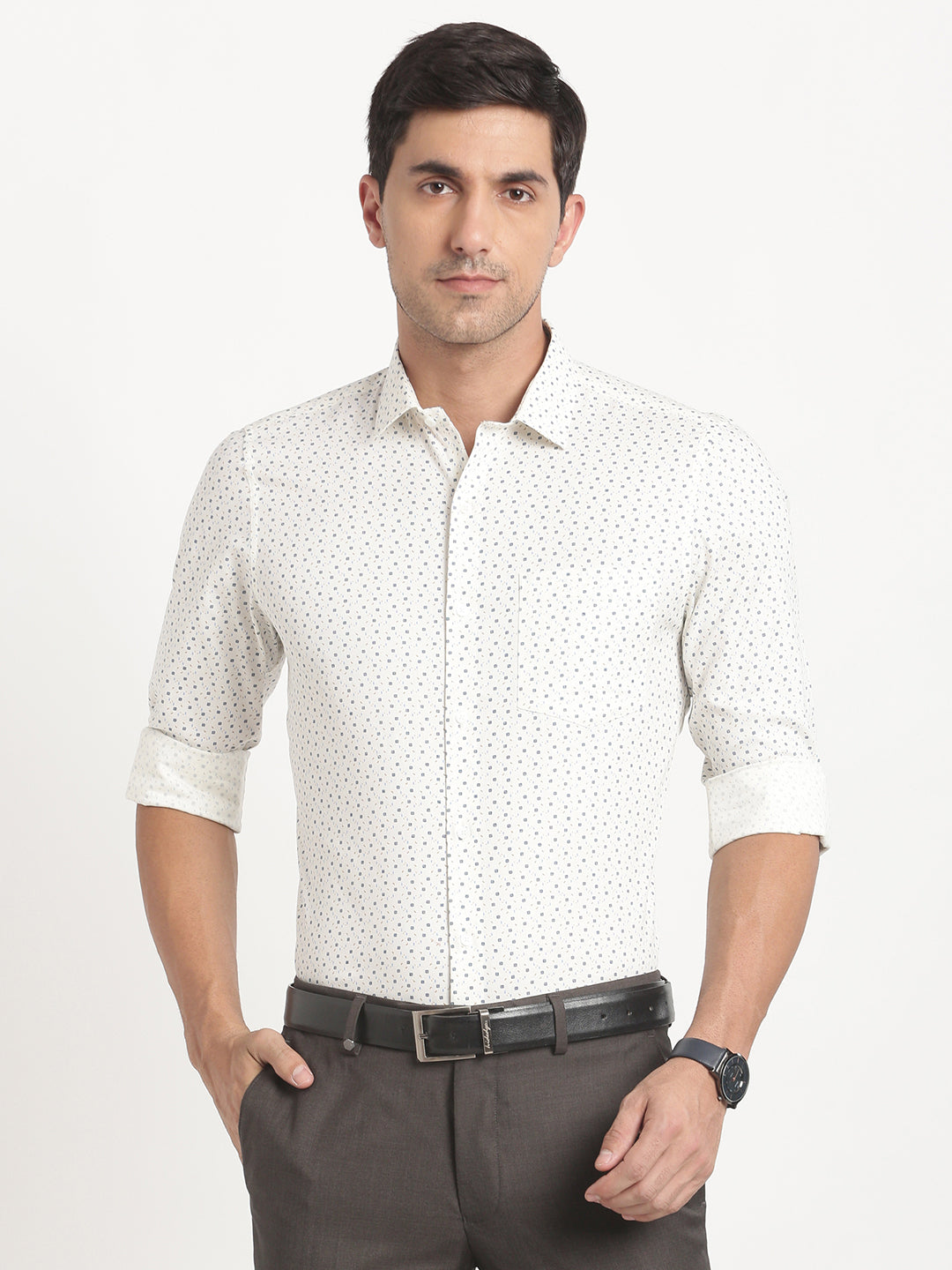 100% Cotton Cream Printed Slim Fit Full Sleeve Formal Shirt