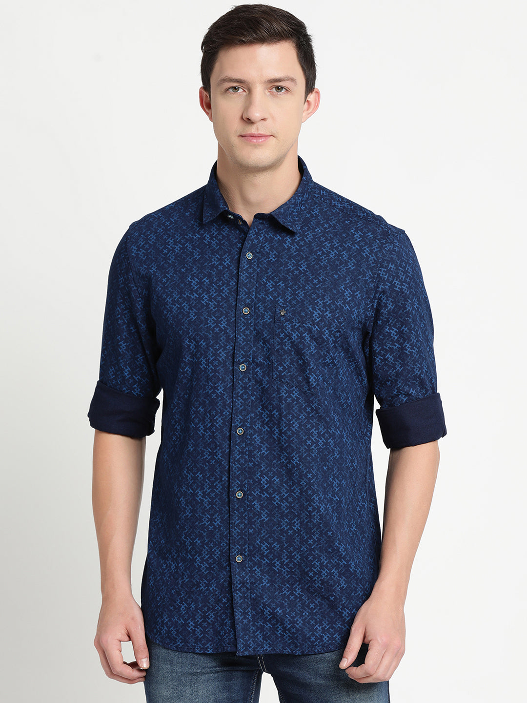 100% Cotton Indigo Navy Blue Printed Slim Fit Full Sleeve Casual Shirt