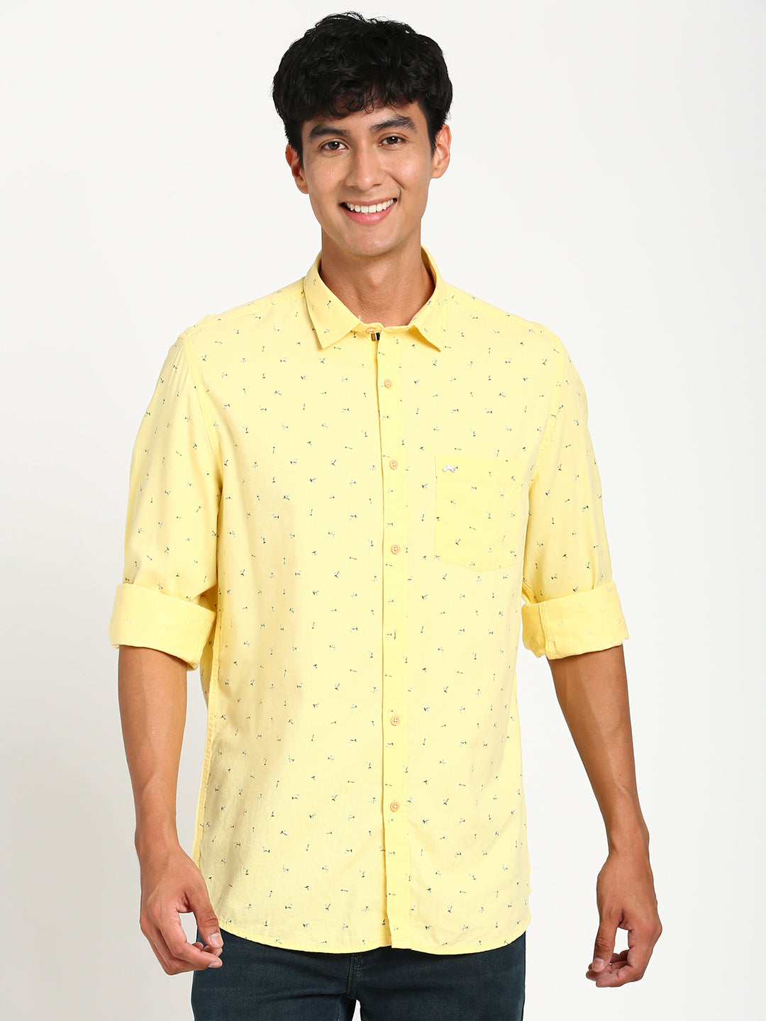 Cotton Tencel Yellow Printed Slim Fit Full Sleeve Casual Shirt