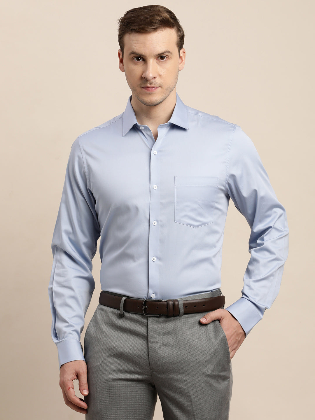 100% Cotton Grey Plain Slim Fit Full Sleeve Formal Shirt