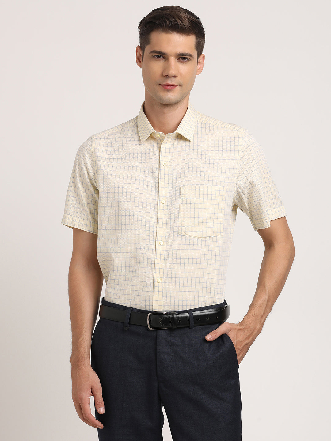 100% Cotton Lemon Checkered Regular Fit Half Sleeve Formal Shirt