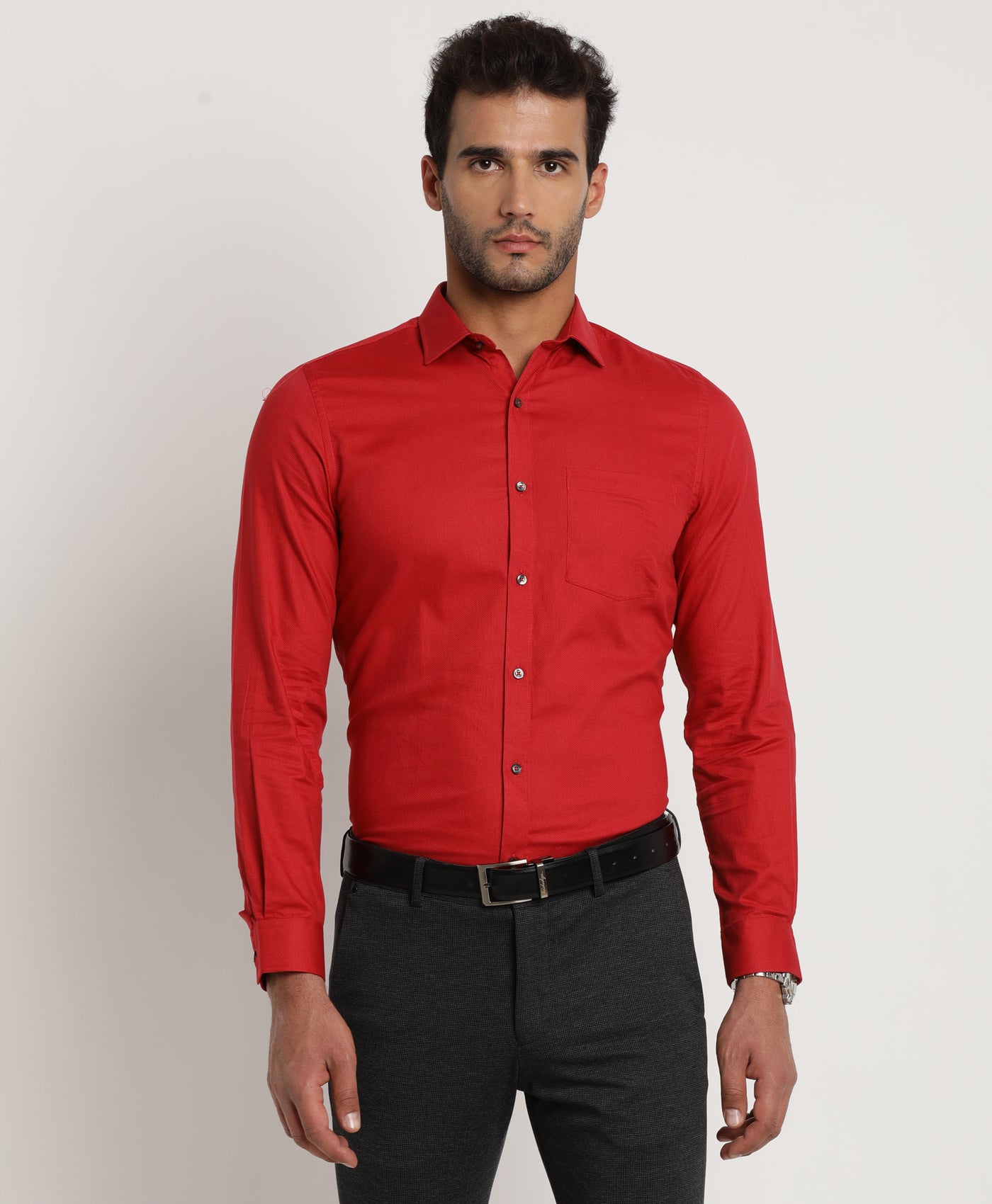 100% Cotton Red Dobby Slim Fit Full Sleeve Formal Shirt