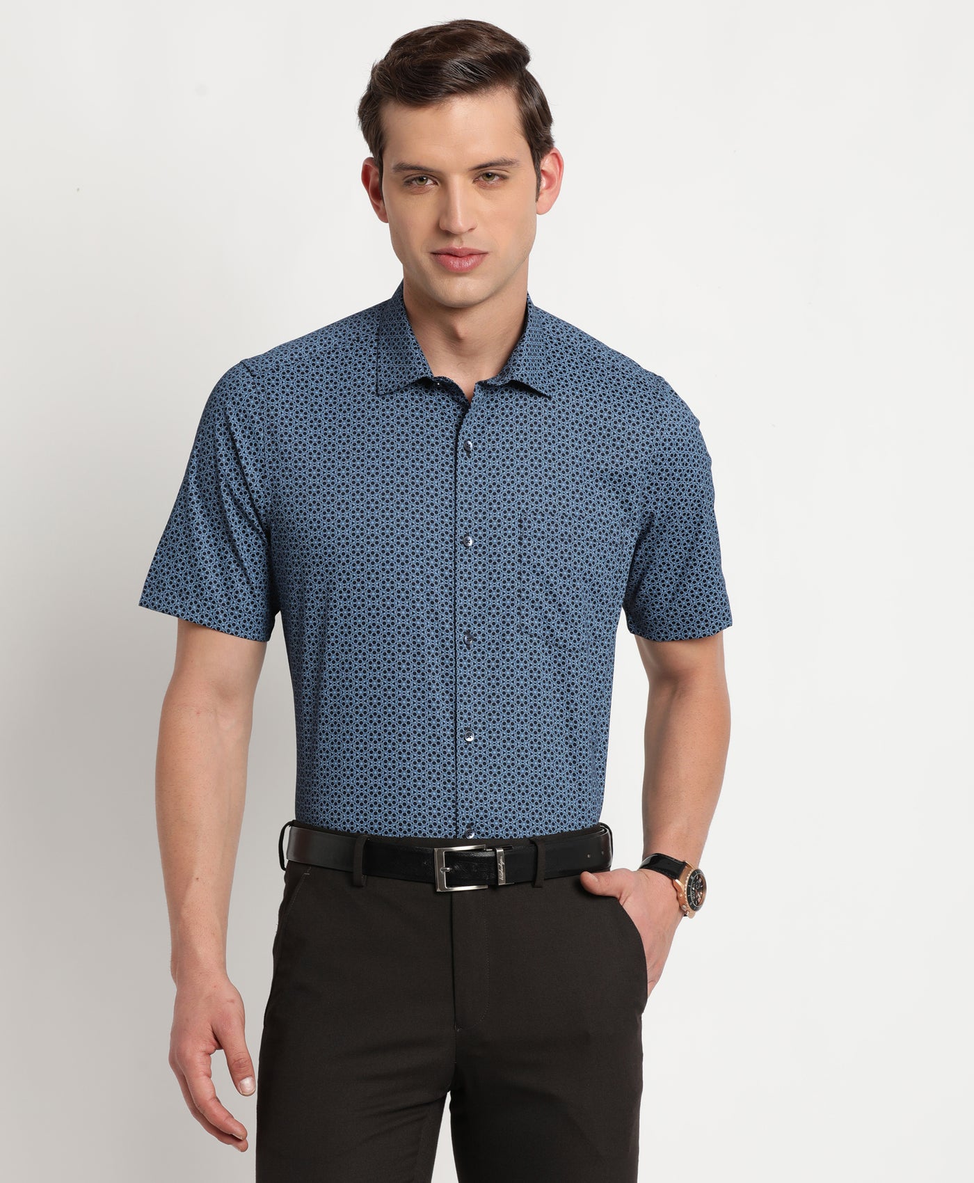 100% Cotton Blue Printed Regular Fit Half Sleeve Formal Shirt