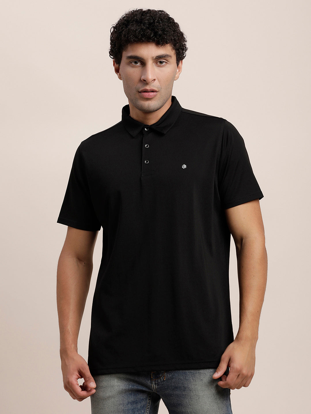 Cotton Plain Black Polo Neck T-Shirt