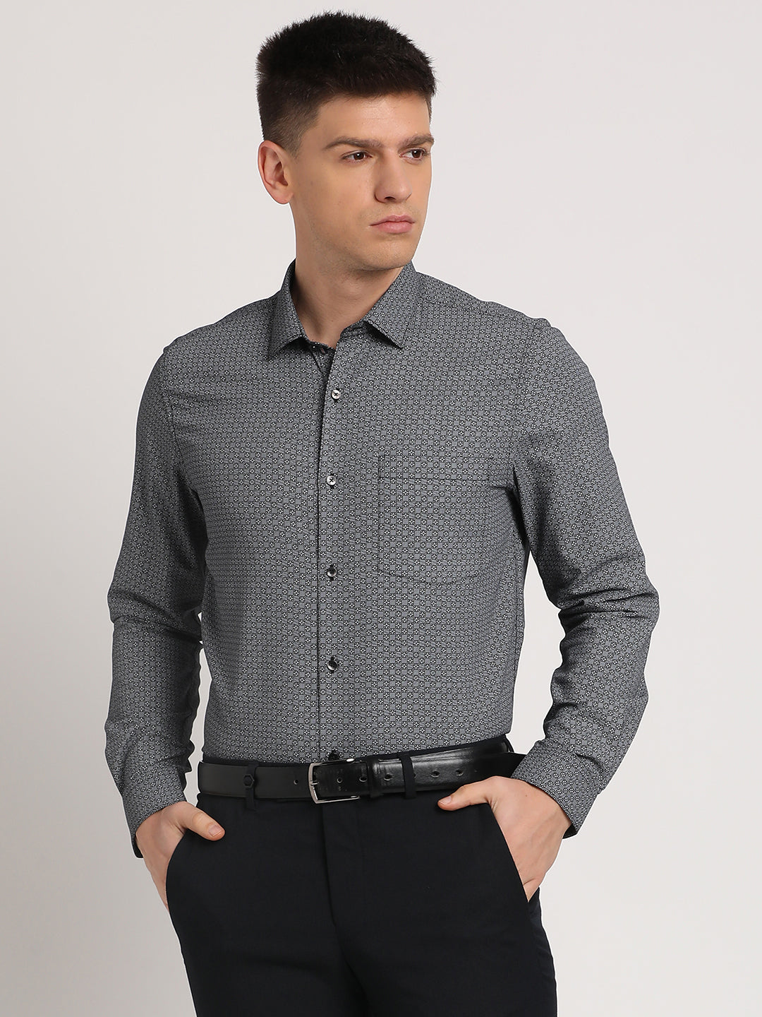 Cotton Tencel Grey Printed Slim Fit Full Sleeve Formal Shirt