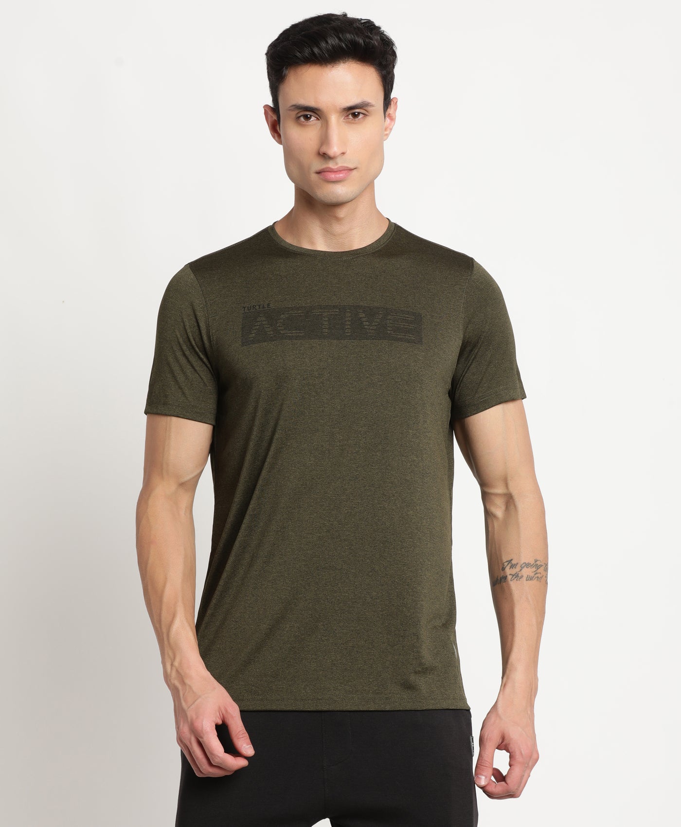 Polyester Olive Printed Crew Neck Half Sleeve Active T-Shirt