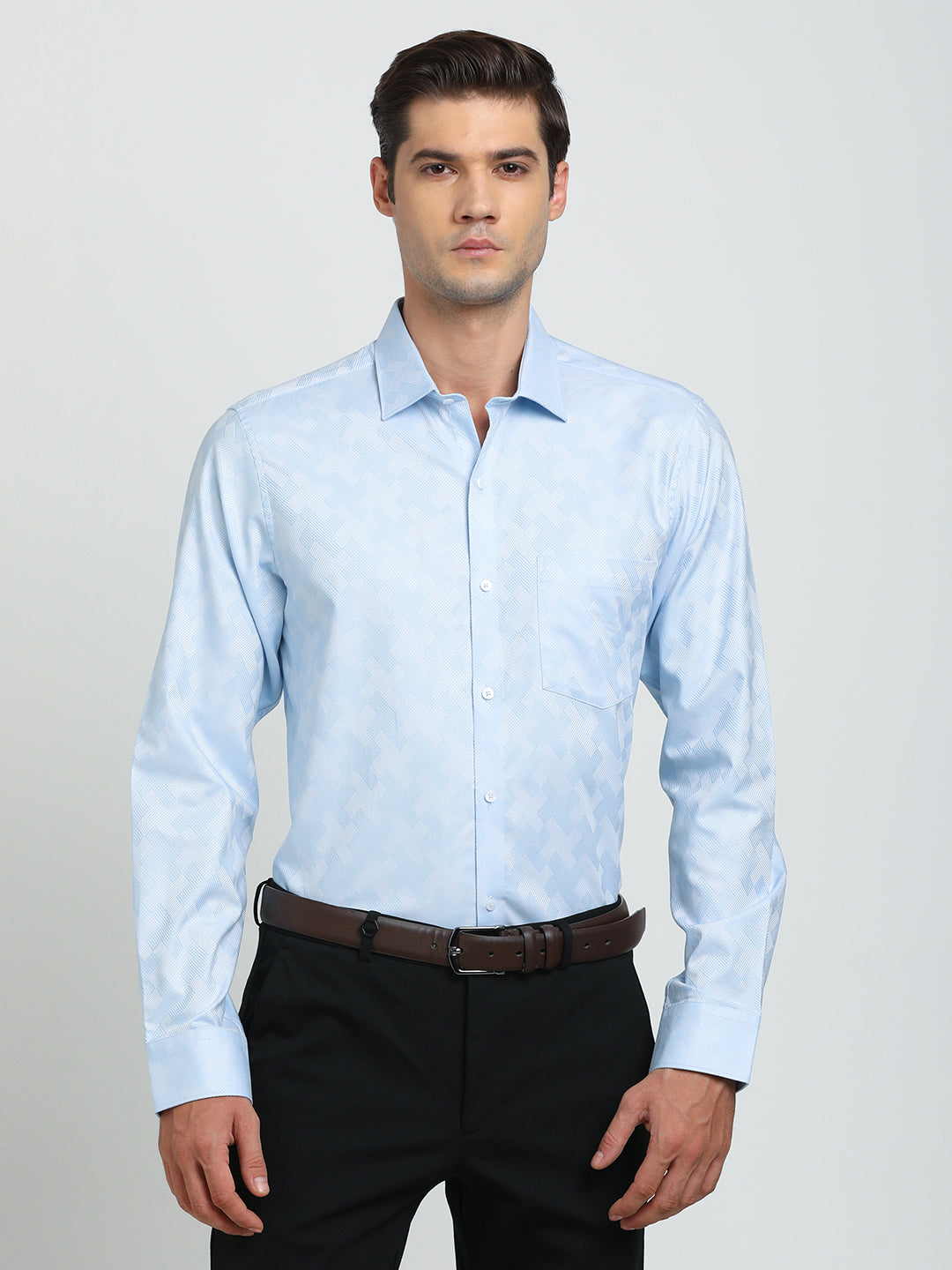 100% Cotton Sky Blue Jacquard Slim Fit Full Sleeve Formal Shirt