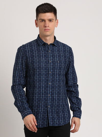 100% Cotton Indigo Blue Printed Slim Fit Full Sleeve Casual Shirt