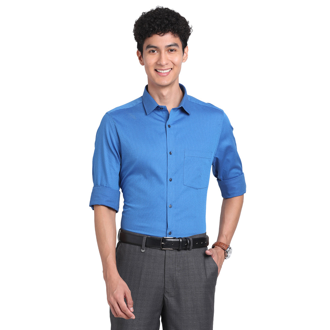 Turtle Men Giza Cotton Blue Self Design Slim Fit Formal Shirts